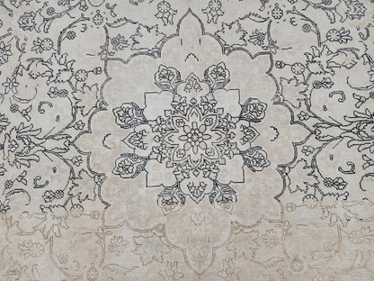 Beige Vintage Rug, 9×12, Hand-Knotted Oriental, Traditional Turkish Living Room Carpet