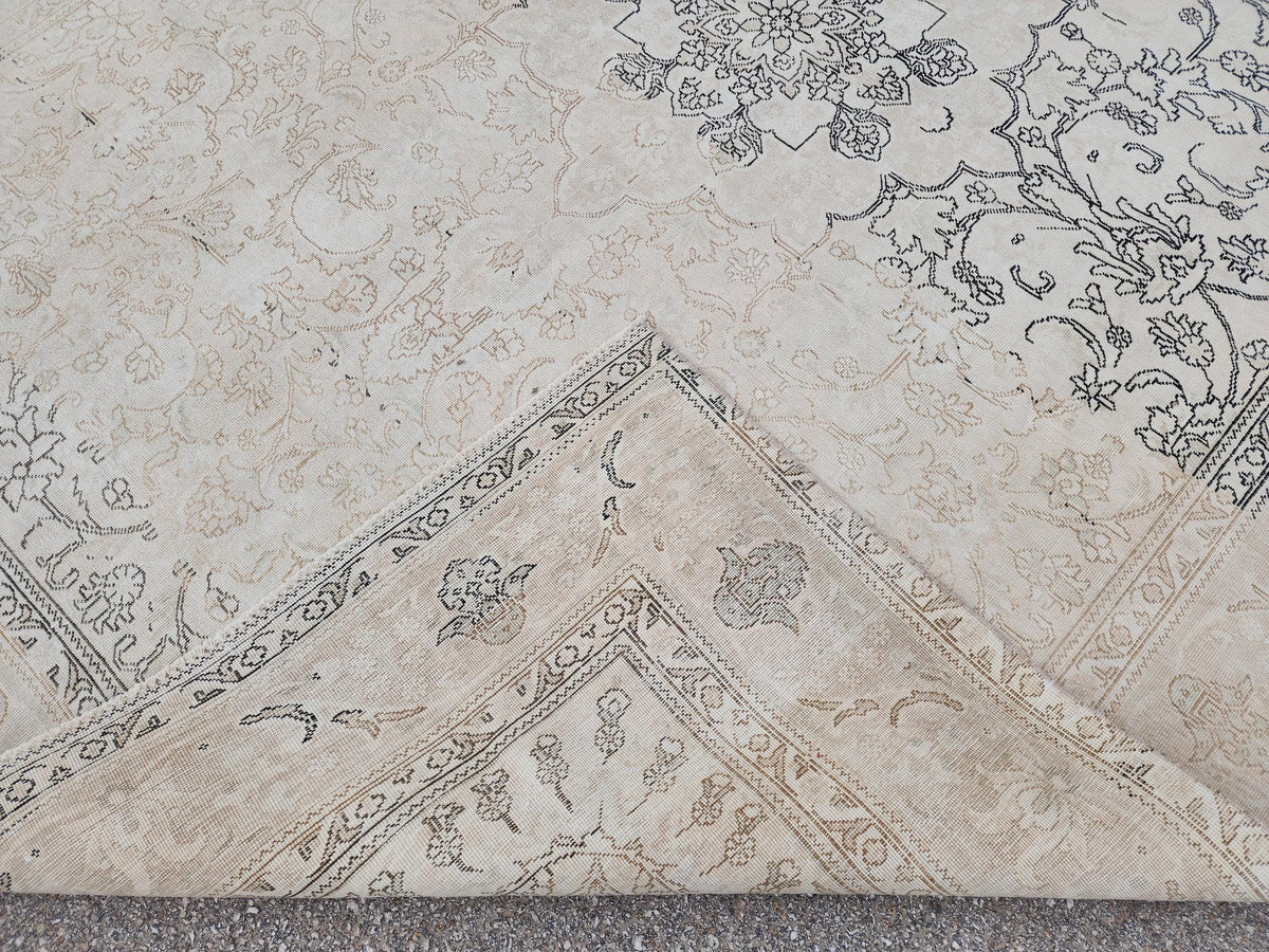 Beige Vintage Rug, 9×12, Hand-Knotted Oriental, Traditional Turkish Living Room Carpet