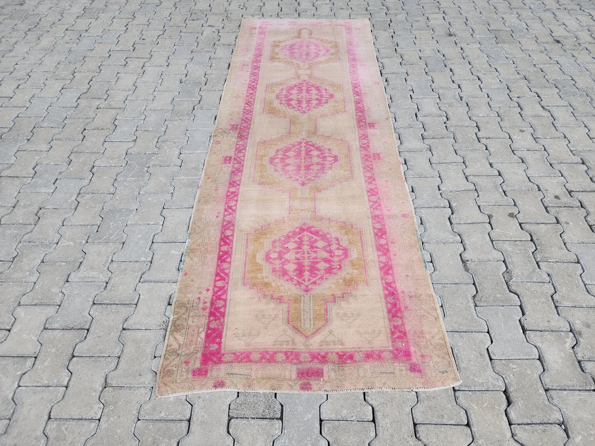 Vintage Pink Wool Oushak Runner Rug - 3x9 Oriental Entryway Rug