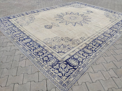 10x13 Handwoven Turkish Oushak Rug, Blue Wool Area Rug, Neutral Oversize Home Decor