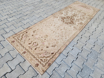 3x10 Hand Woven Neutral Turkish Runner Rug: Oushak Hallway Rug, Farmhouse Bohem Decor