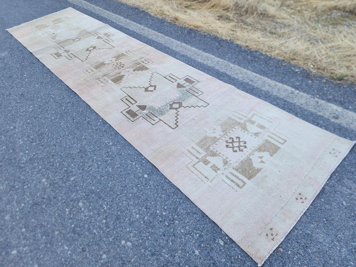3x14 Neutral Long Runner Rug, Turkish Malatya Hand Made Wool, Beige Geometric Design