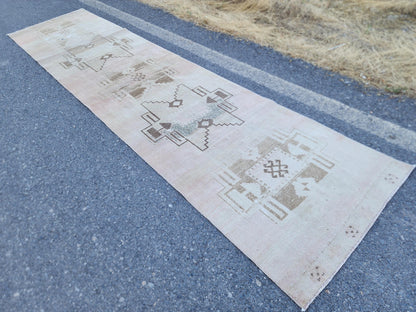 3x14 Neutral Long Runner Rug, Turkish Malatya Hand Made Wool, Beige Geometric Design