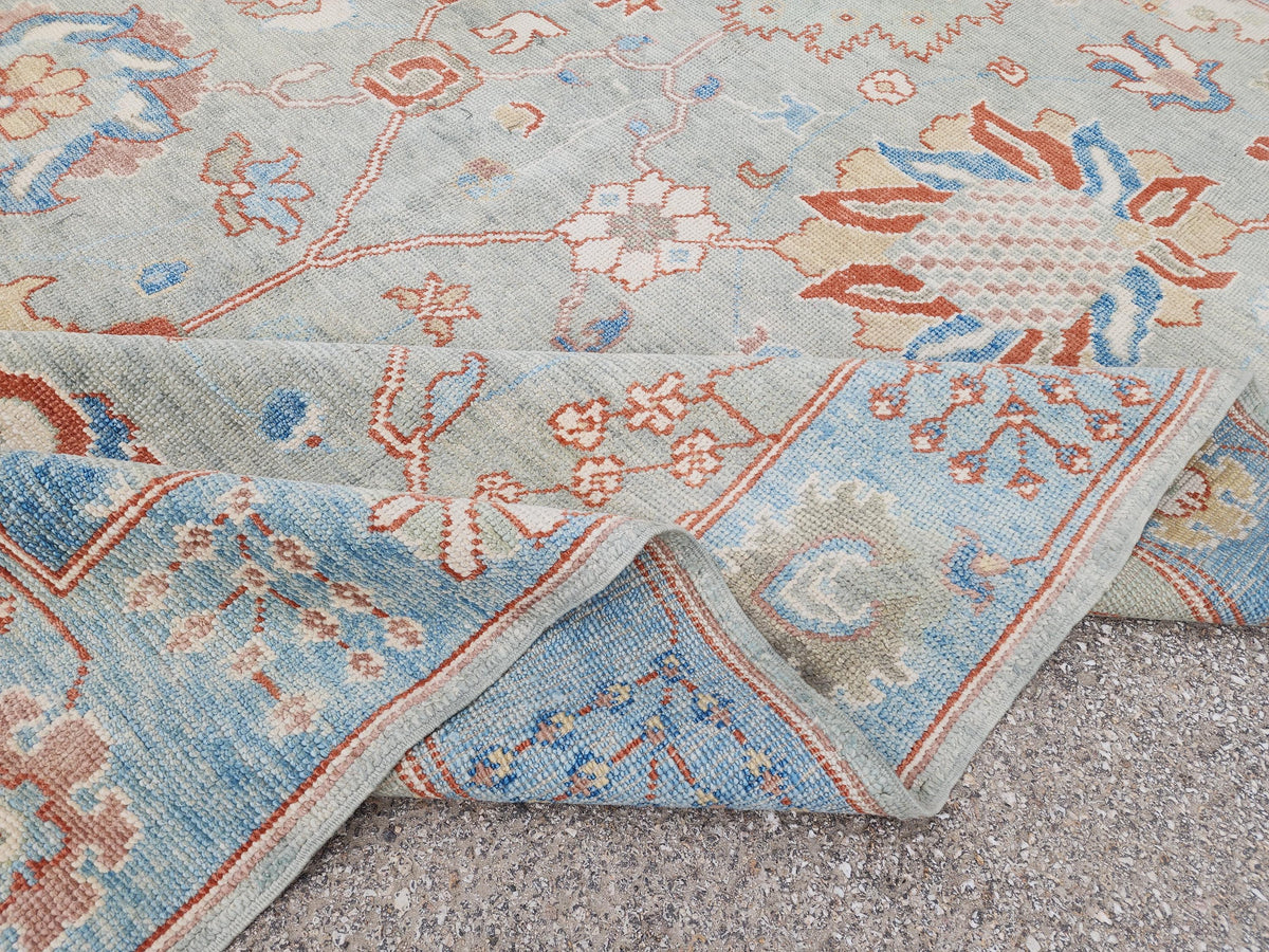 8x10 Oushak Rug, Handwoven Turkish Wool, Light Blue Terracotta Floral, Living Room Decor