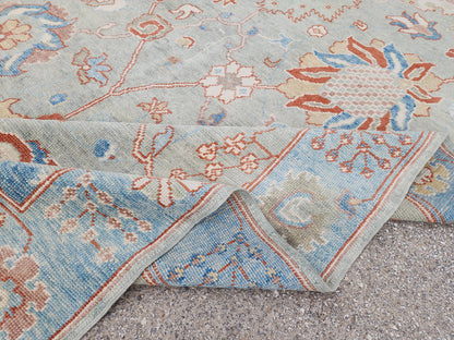 8x10 Oushak Rug, Handwoven Turkish Wool, Light Blue Terracotta Floral, Living Room Decor