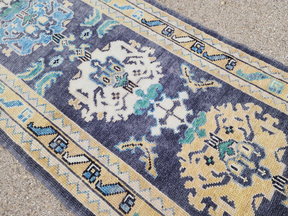 3x13 Turkish Runner, Up Cycled Wool Oushak Hand Made, Ocean Breeze Patina Blue Rug