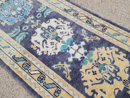 3x13 Turkish Runner, Up Cycled Wool Oushak Hand Made, Ocean Breeze Patina Blue Rug