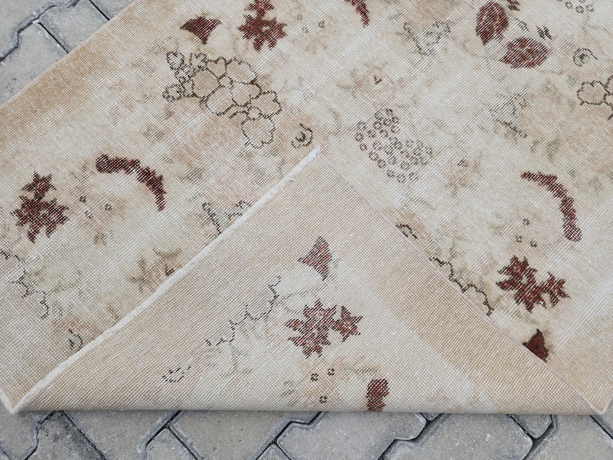 3x6 Vintage Turkish Oushak Rug: Beige Floral Entryway Rug