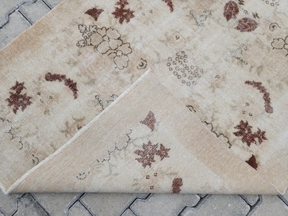 3x6 Vintage Turkish Oushak Rug: Beige Floral Entryway Rug