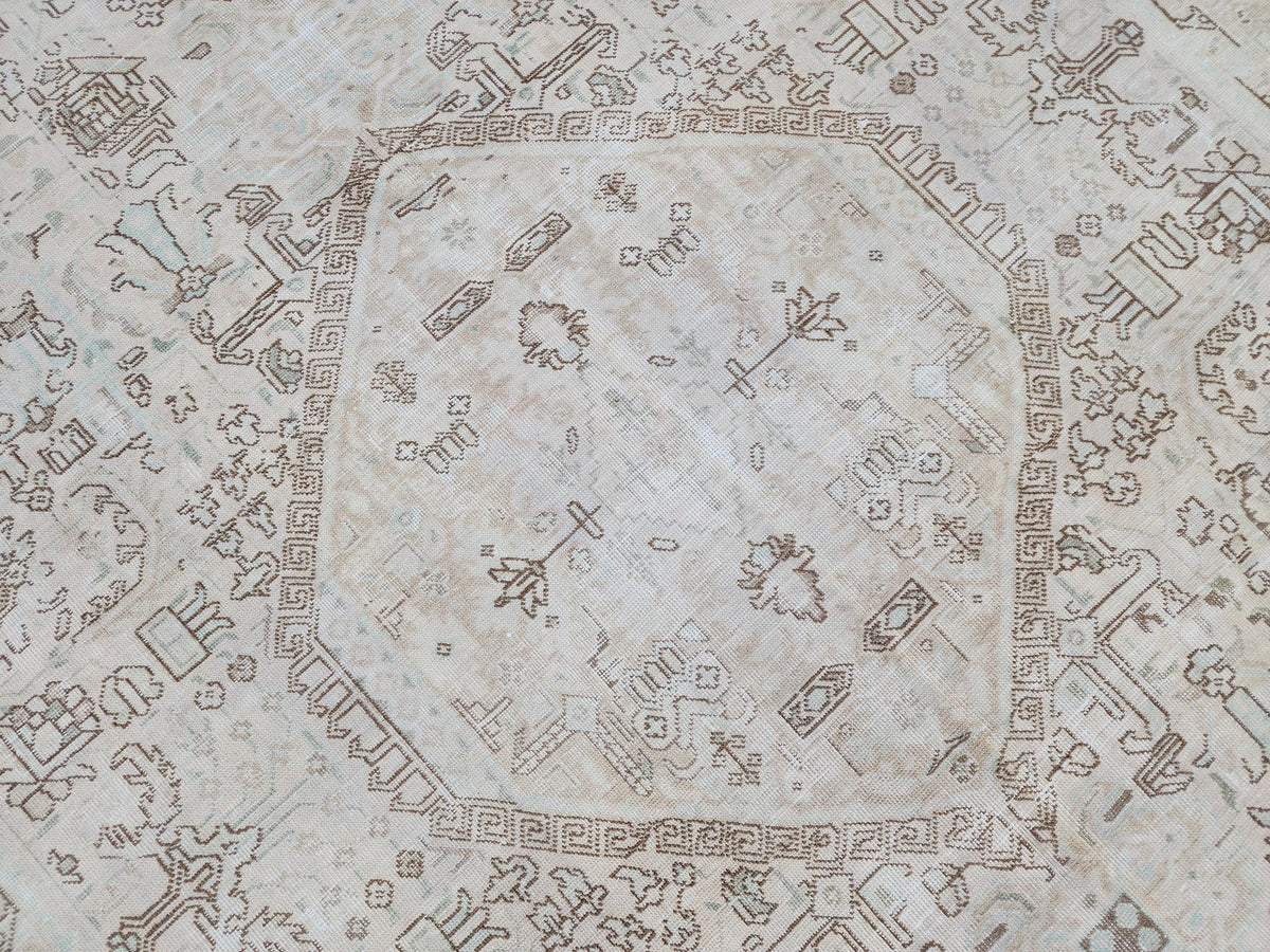 Geometric Neutral Rug 8x11: Beige Wool Hand Knotted Carpet, Rustic Bohem Dining Room Decor