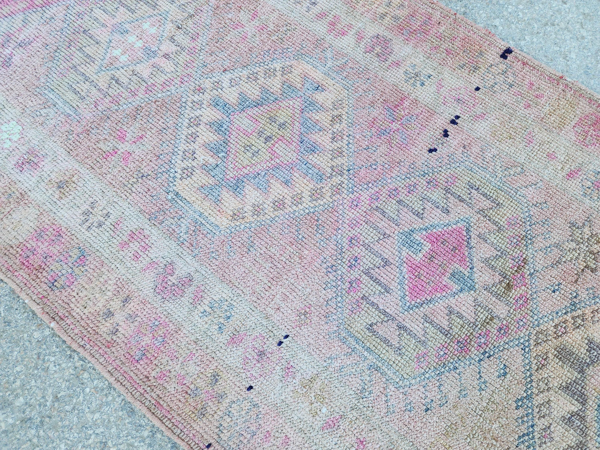 Turkish Runner Rug 2.7x11.2 ft, Soft Wool Pink Color, Hallway Rustic Decor