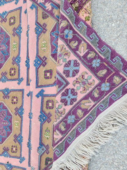 Vintage Soumak Kilim 7x11: Hand Knotted, Green and Purple
