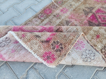 3x11 Vintage Runner Rug : Herki Handwoven Wool, Pink & Brown