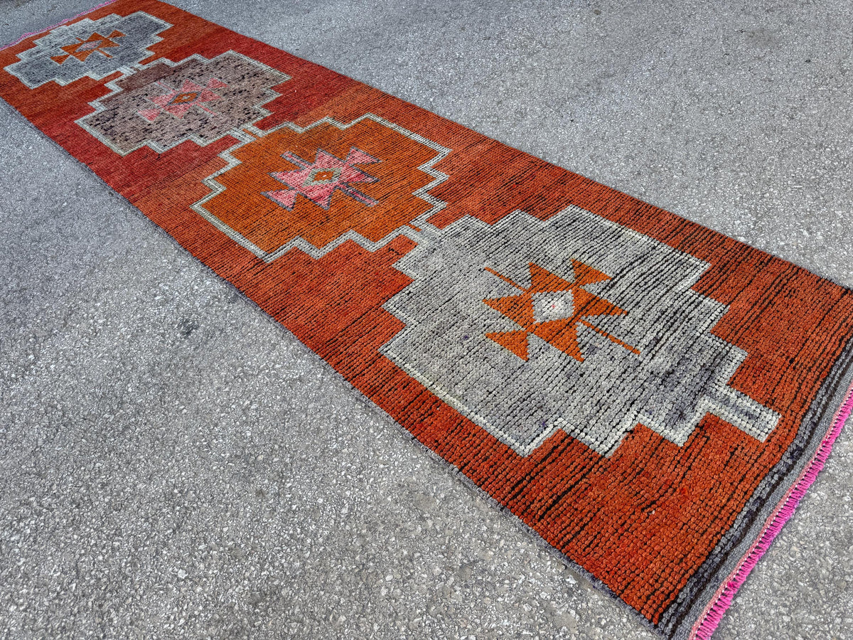 3x12 Oriental Herki Runner: Vintage Handwoven Wool in Burnt Orange & Brown with Geometric Motifs