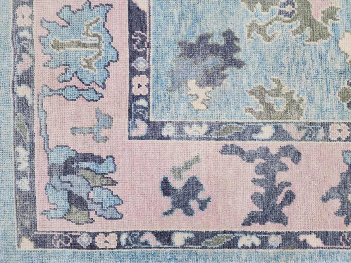 Handwoven Oushak Rug 8x10: Up Cycled Wool Carpet, Pastel Blue & Pink