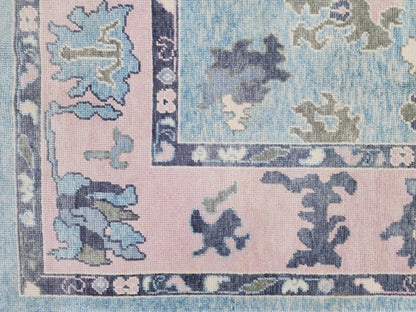 Handwoven Oushak Rug 8x10: Up Cycled Wool Carpet, Pastel Blue & Pink