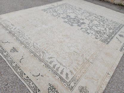 Beige Vintage Rug, 9×12, Hand-Knotted Oriental, Traditional Turkish Living Room Carpet