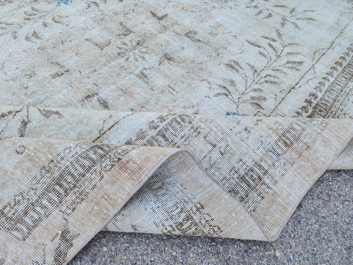 7x10 Hand-Knotted Wool Oushak Rug: Turkish Beige Distressed Carpet