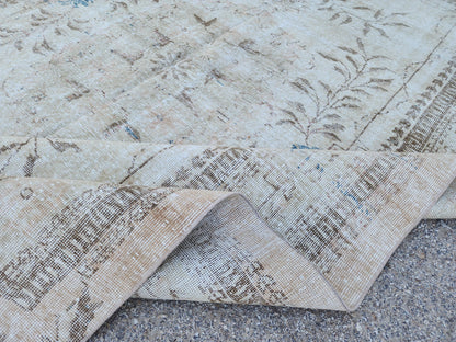 7x10 Hand-Knotted Wool Oushak Rug: Turkish Beige Distressed Carpet