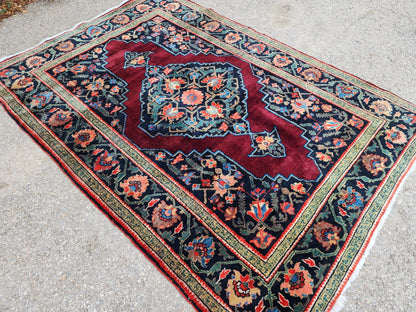 4x6 Vintage Casucacian Rug, 1980s Handmade Wool Carpet, Burgundy Navy Floral Medallion Area Rug