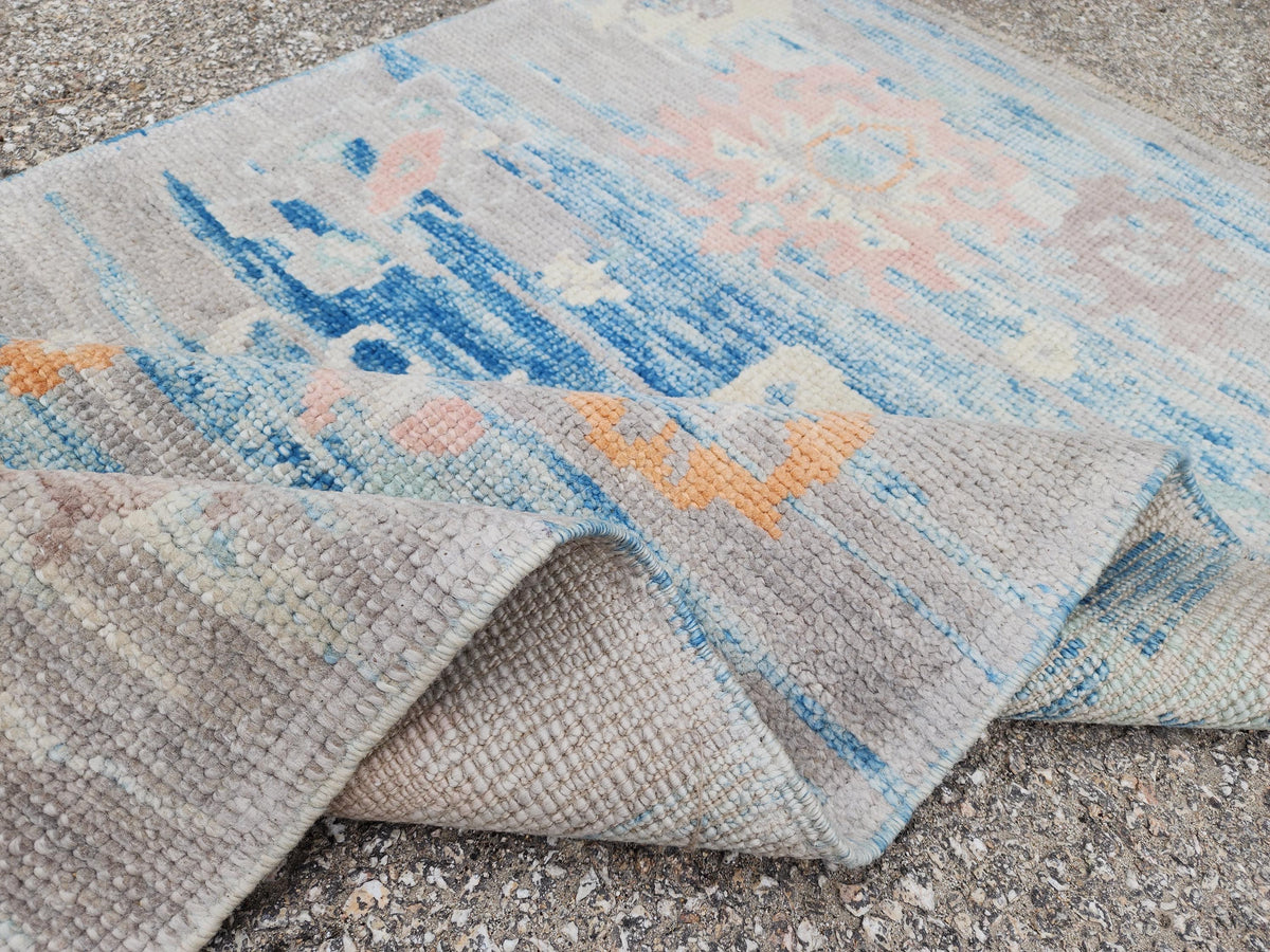 2x4 Small Oushak Rug: Abstract Blue, Up cycled Carpet, Home Wool Decor