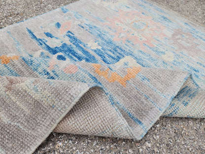2x4 Small Oushak Rug: Abstract Blue, Up cycled Carpet, Home Wool Decor