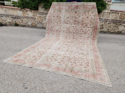 Handwoven Wool Oushak Rug 7x11: Vintage Turkish Neutral Area Rug