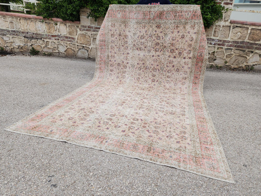 Handwoven Wool Oushak Rug 7x11: Vintage Turkish Neutral Area Rug
