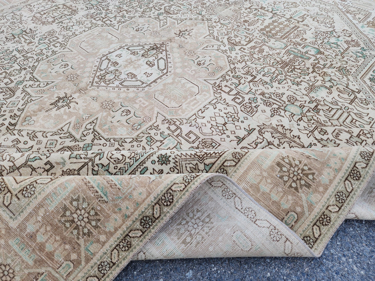 Vintage Neutral Rug 9x12, Up Cycled Wool, Hand Knotted Geometric Design, Brown and Beige