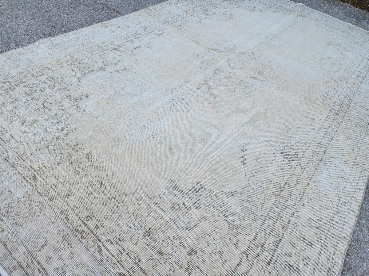 Neutral Area Rug 6x10, Beige and Soft Green, Turkish Hand Knotted, Oriental Home Decor