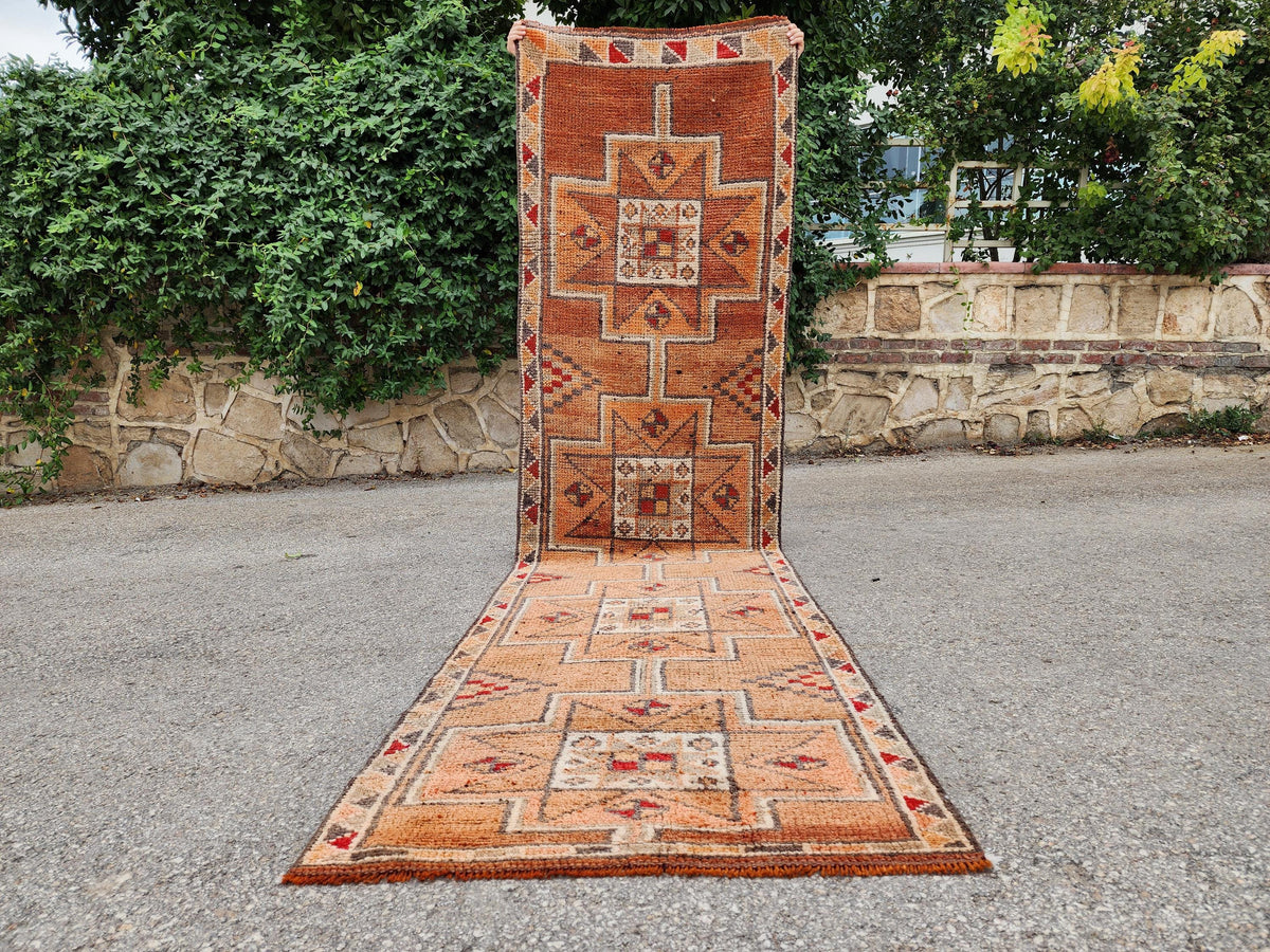 Orange Herki Runner Rug 3x11, Wool on Wool Oriental Decor, Turkish Hand Made, Kitchen Decor