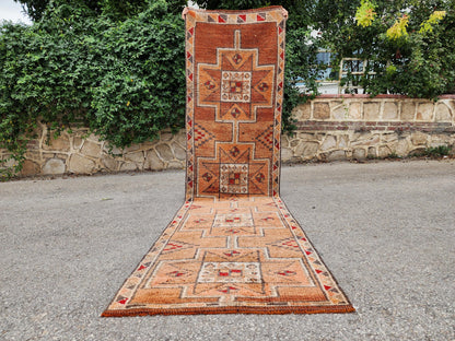 Orange Herki Runner Rug 3x11, Wool on Wool Oriental Decor, Turkish Hand Made, Kitchen Decor
