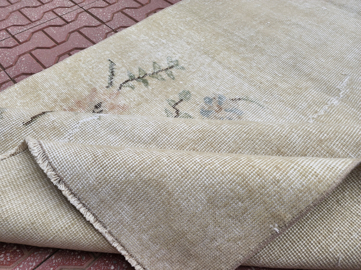 Handwoven Wool Oushak Rug 4x6: Green & Neutral Turkish Design