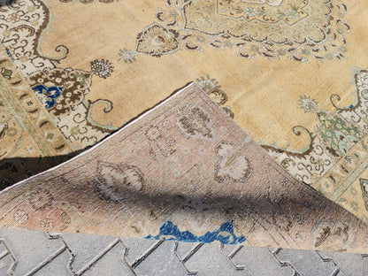 Neutral Rustic Rug 9x12: Medallion Persian Design, Hand Knotted, Rustic Bohemian Decor