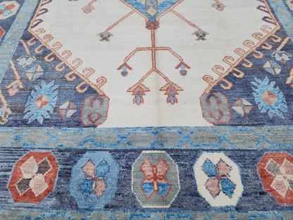 Handwoven Oushak Rug 10x14: Beige & Blue Turkish Wool Rug, Farmhouse Home Decor