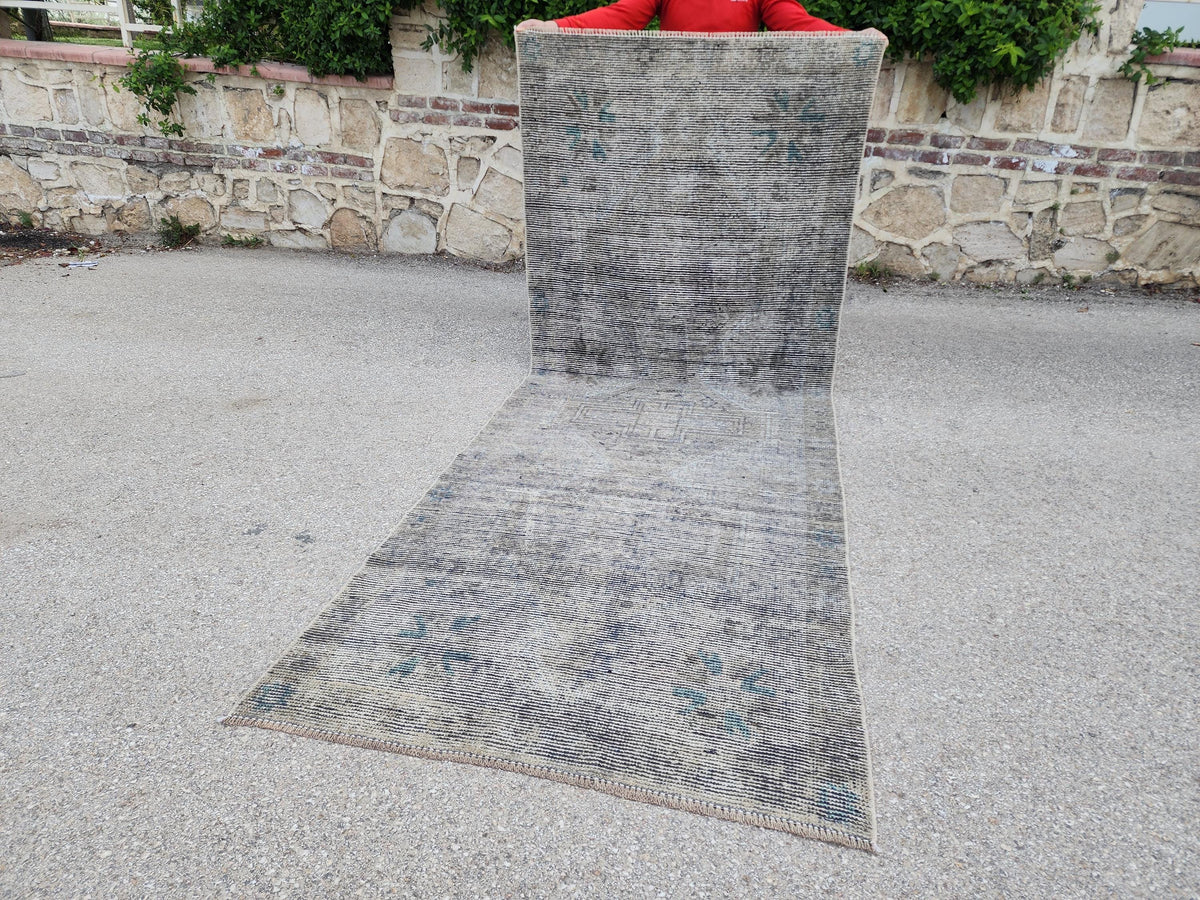 4x10 Gray Turkish Runner Rug: Handcrafted Oriental Boho Hallway Decor