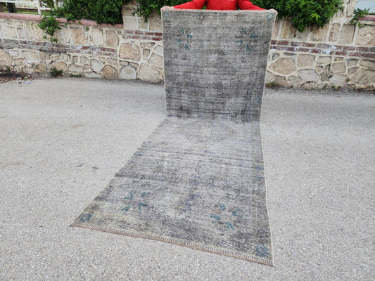 4x10 Gray Turkish Runner Rug: Handcrafted Oriental Boho Hallway Decor