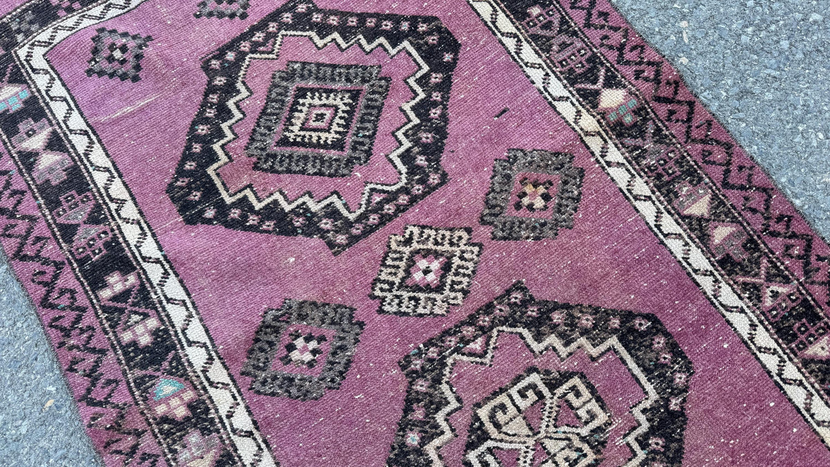 3x12 Purple Wool Runner Rug, Hand Made Rustic Decor, Kitchen Decor