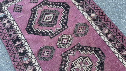 3x12 Purple Wool Runner Rug, Hand Made Rustic Decor, Kitchen Decor