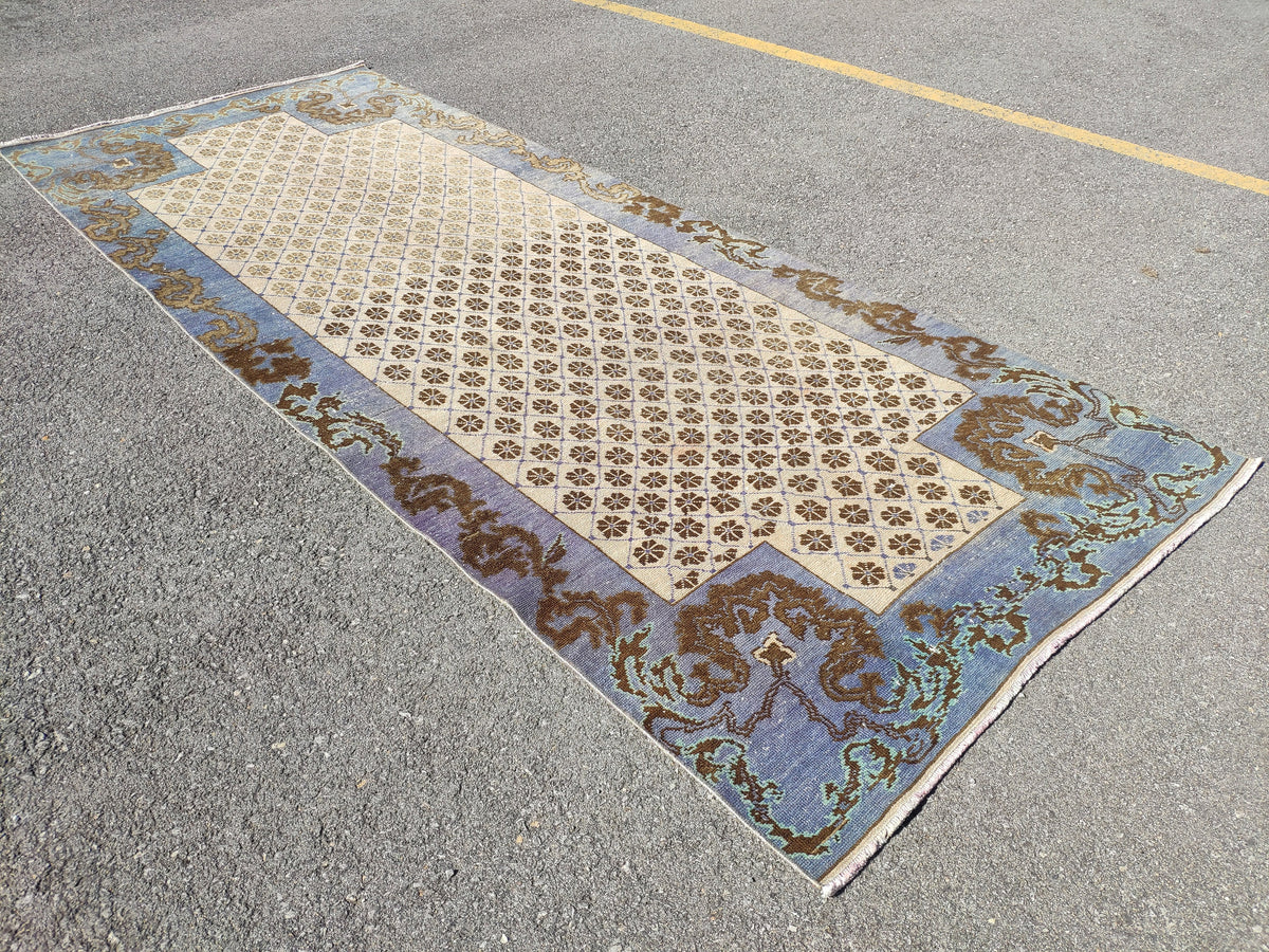 Faded Blue Turkish Runner Rug 4x11: Oriental Hallway Rug