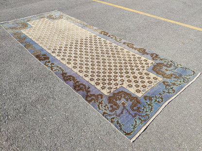 Faded Blue Turkish Runner Rug 4x11: Oriental Hallway Rug