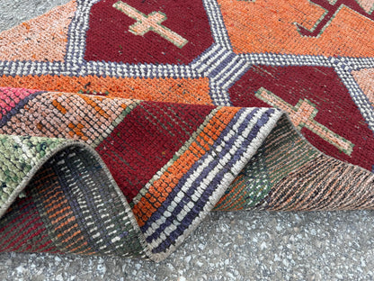 3x10 Herki Runner Rug: Vintage Handwoven Wool in Burnt Orange and Green Tribal Motifs