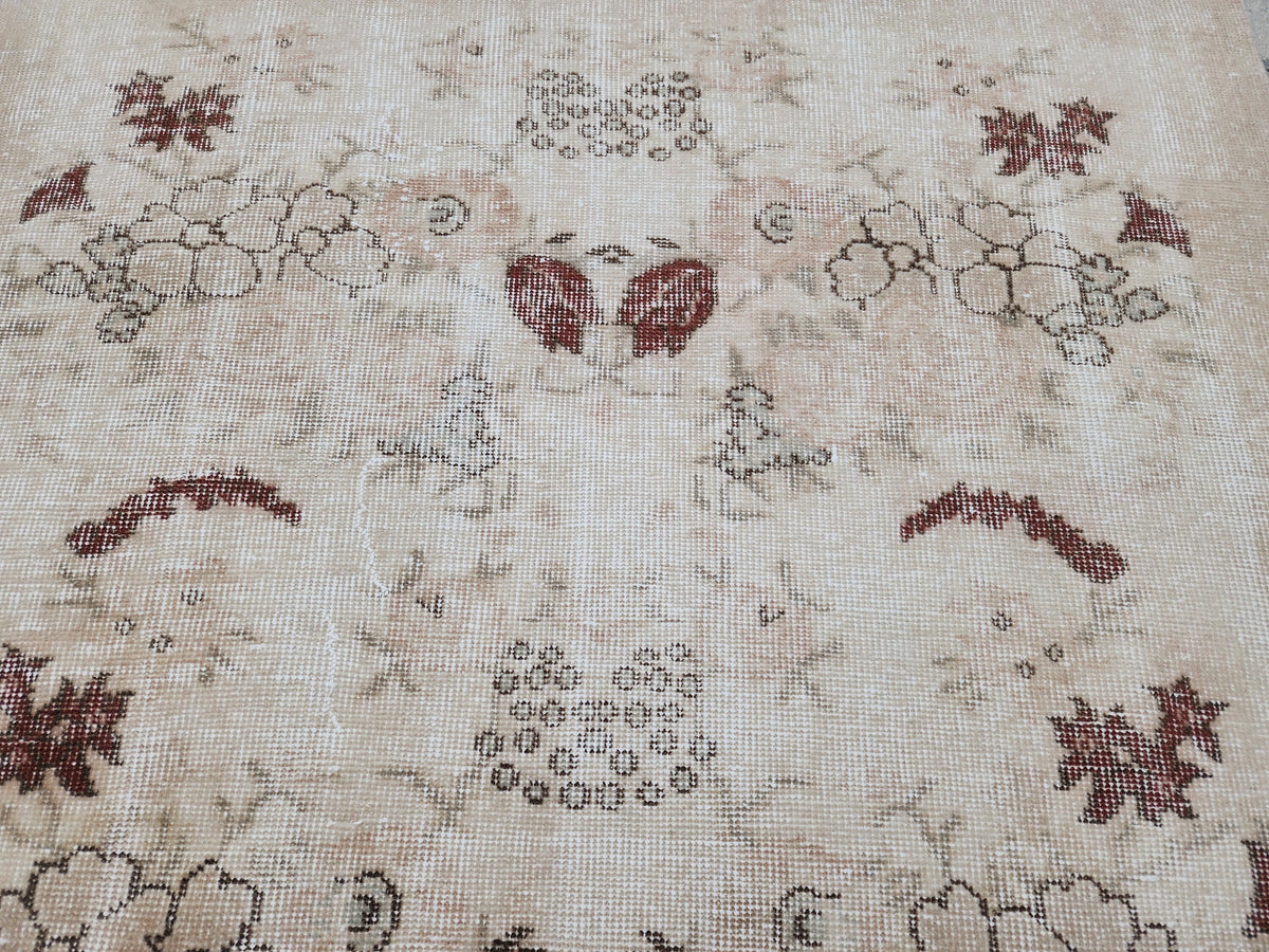3x6 Vintage Turkish Oushak Rug: Beige Floral Entryway Rug