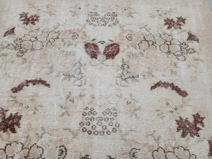 3x6 Vintage Turkish Oushak Rug: Beige Floral Entryway Rug