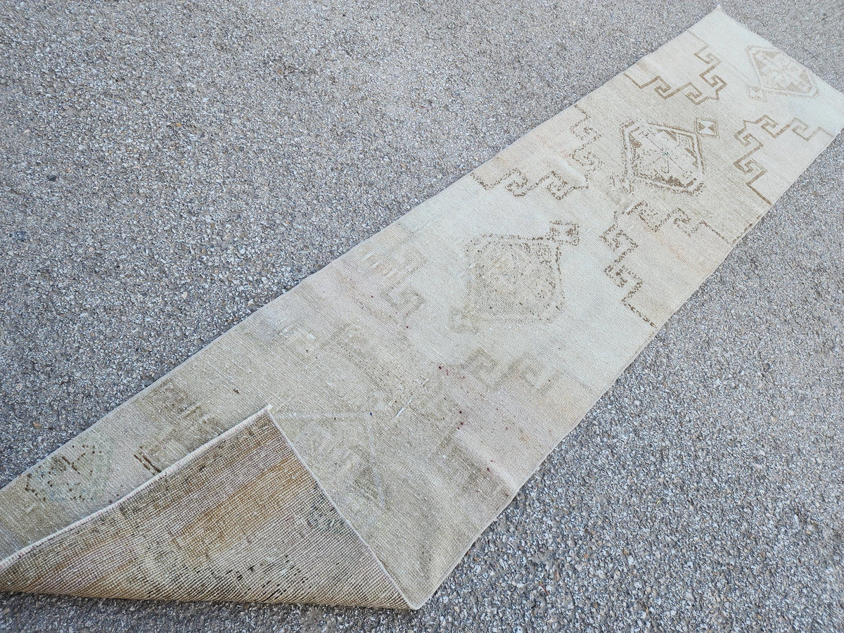 Hand Knotted Turkish Runner Rug 2x9: Neutral Geometric Farmhouse Decor
