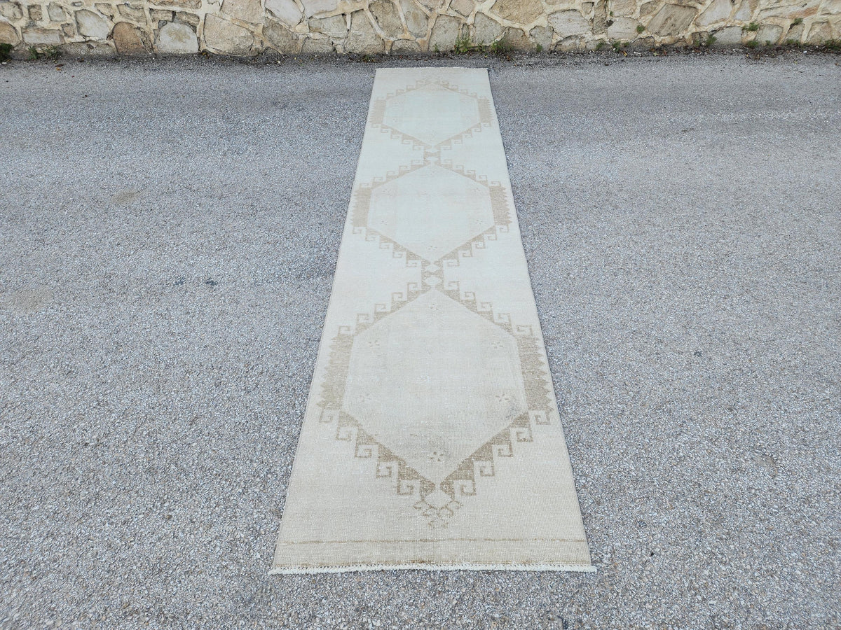 3x14 Neutral Hand-Knotted Turkish Runner Rug, Wool Hallway & Entryway Rug, Rustic Decor