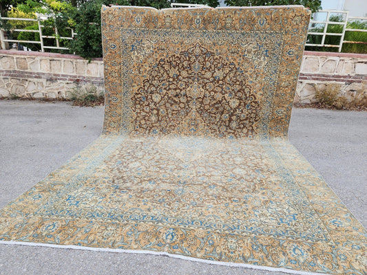 Antique Vintage Area Rug 9x12: Pastel Color Hand Knotted, Floral Persian Design