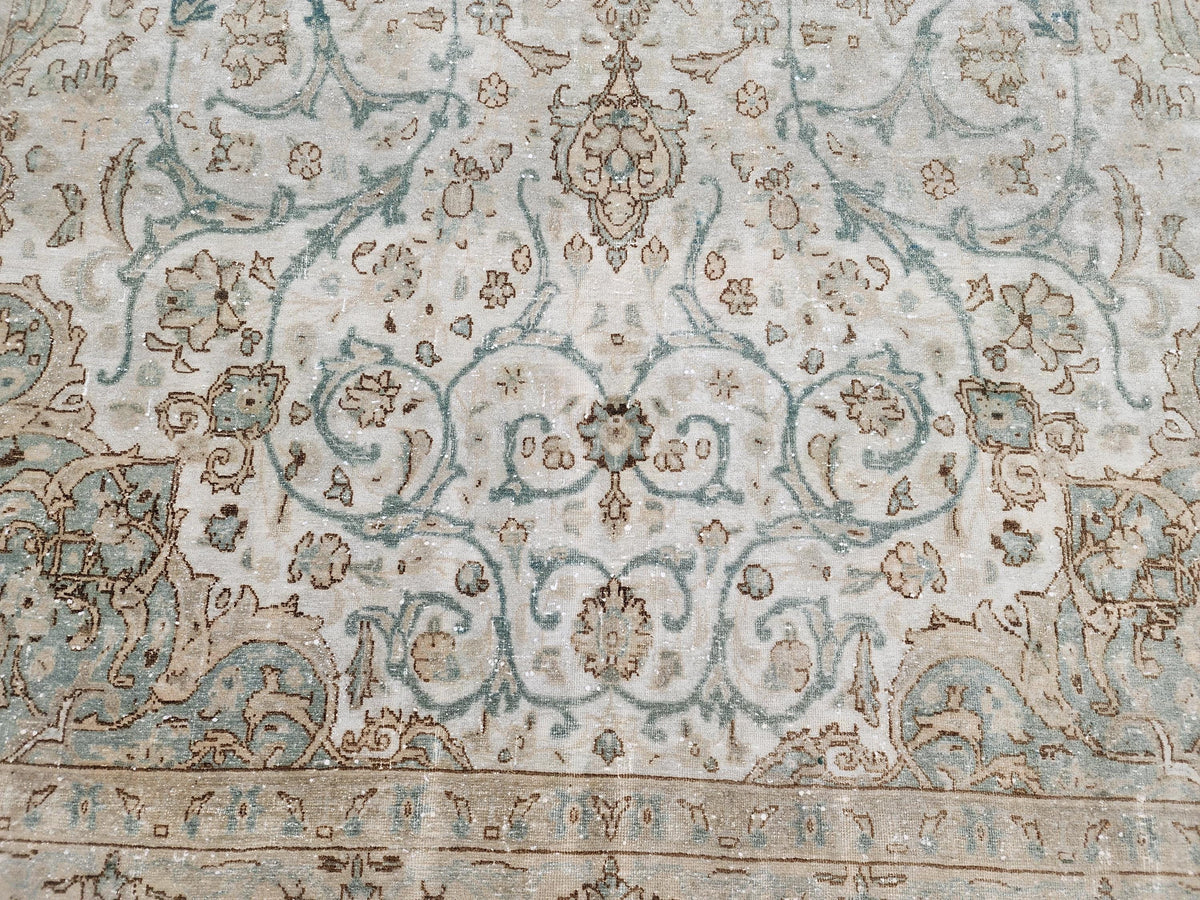 6x11 Neutral Vintage Rug: Green Floral Design Persian Border Design, Hand Knotted