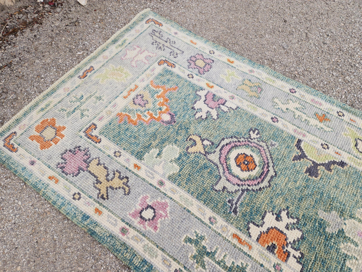 2x7 Green Oushak Runner Rug, Eco Friendly Rug, Up Cycled Wool, Kitchen Decor