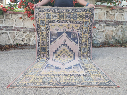 Anatolian Vintage Rug 3x5, Boho Turkish Carpet Pastel, Kitchen Home Decor